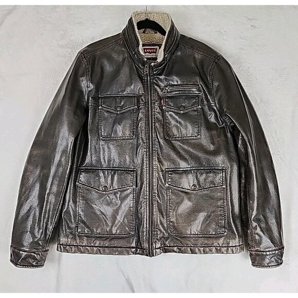 Levi's Aviator Bomber Jacket Men's Size Large Brown Faux Leather Sherpa Lined - Picture 1 of 13